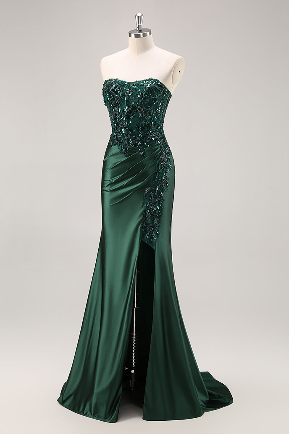 Sparkly Blue Mermaid Floral Beaded Corset Long Prom Dress with Slit