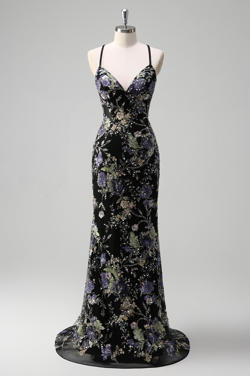 Sparkly Black Floral Mermaid Lace-Up Back Long Prom Dress