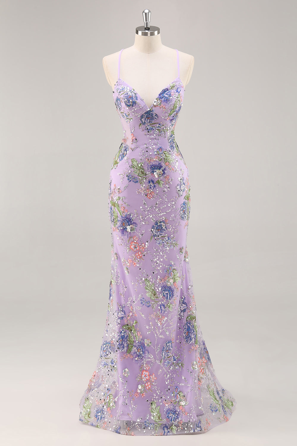 Sparkly Lilac Beaded Floral Mermaid Long Prom Dress with Sequins