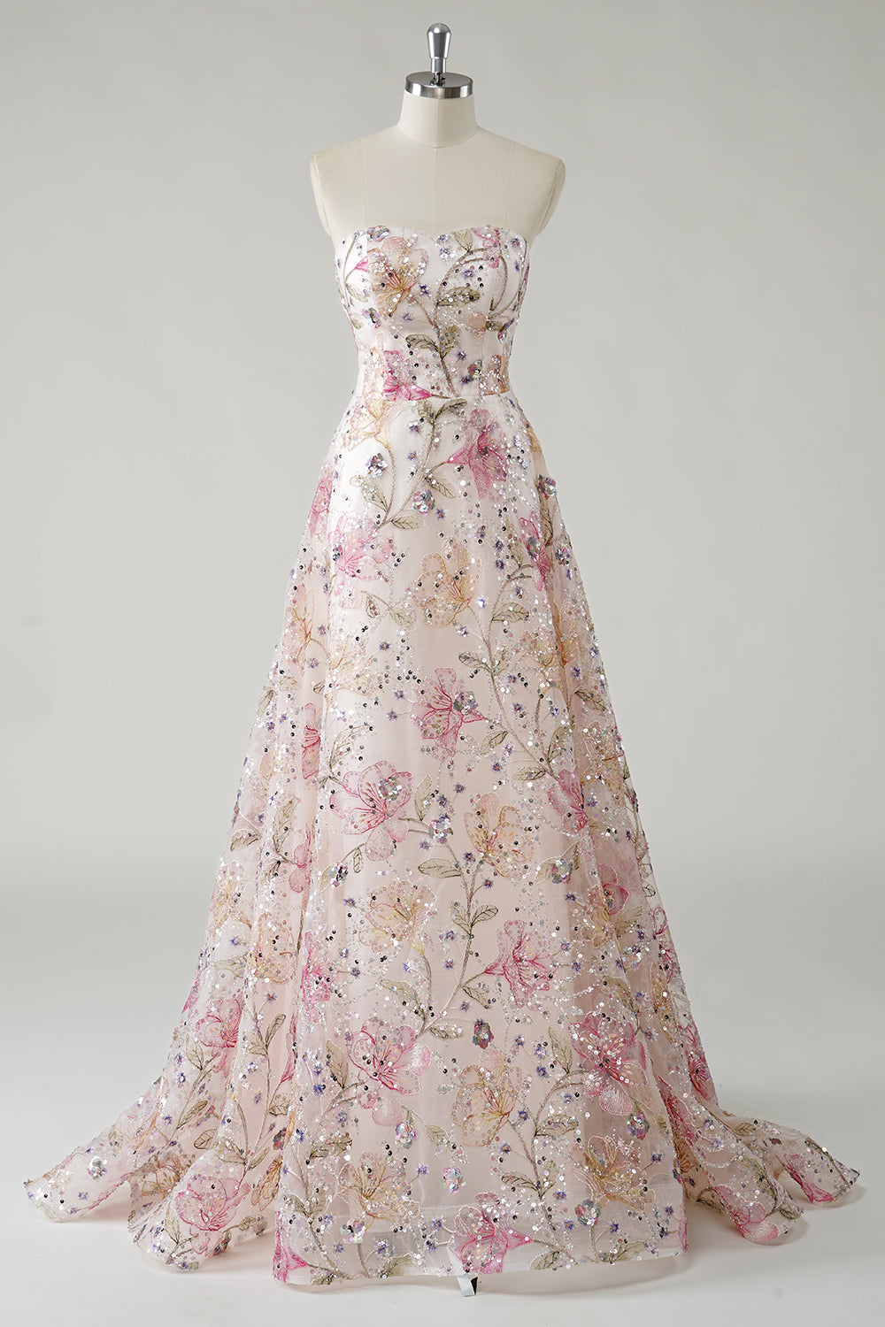 Sparkly Pink Floral A Line Strapless Long Prom Dress