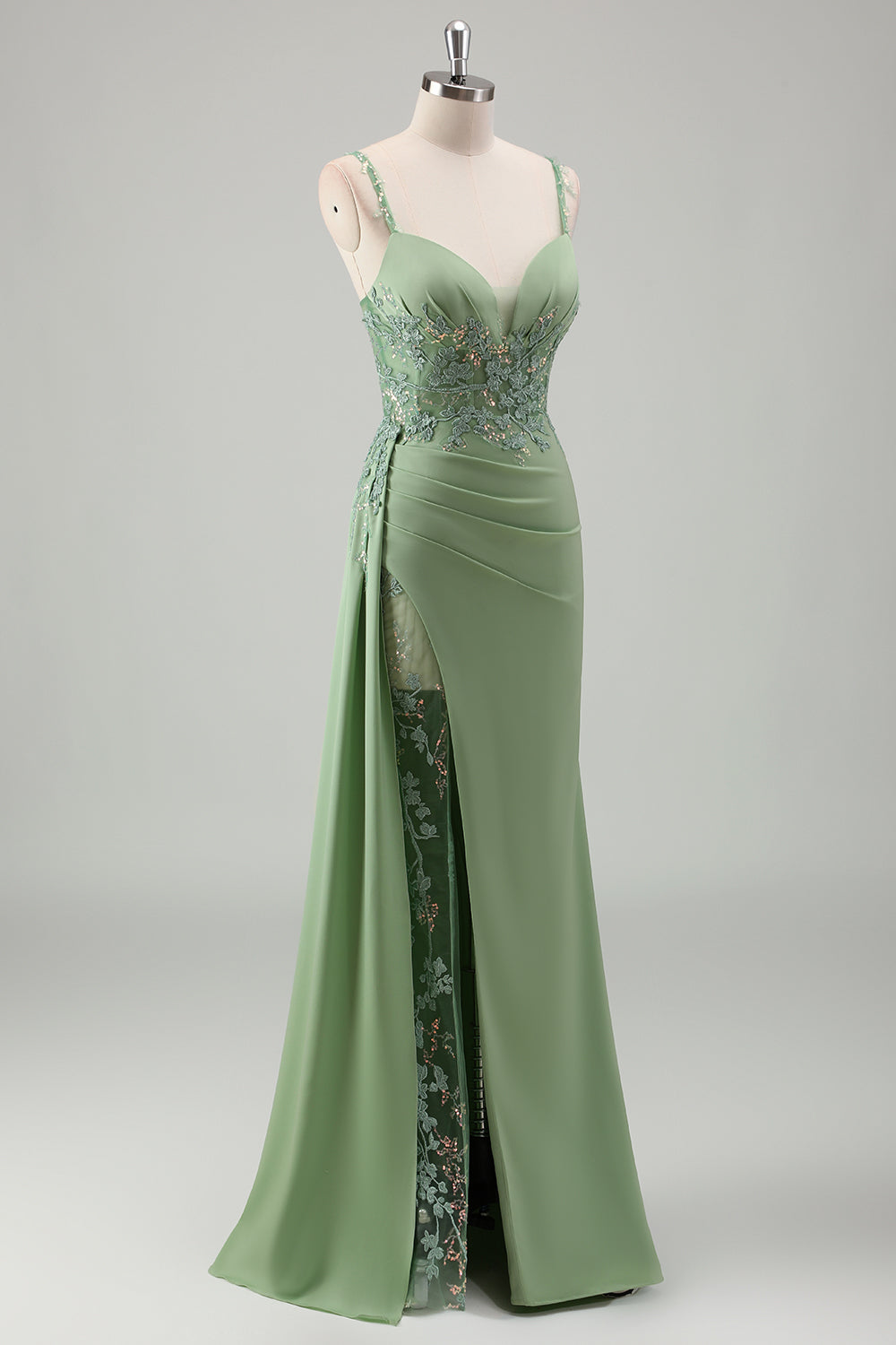 Sparkly Light Green Spaghetti Straps Lace Long Prom Dress with Slit