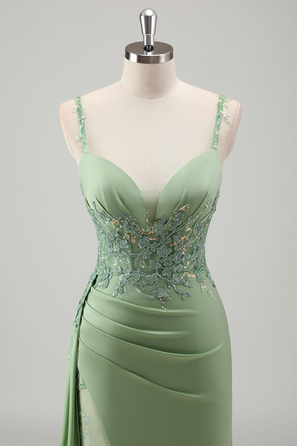 Sparkly Light Green Spaghetti Straps Lace Long Prom Dress with Slit