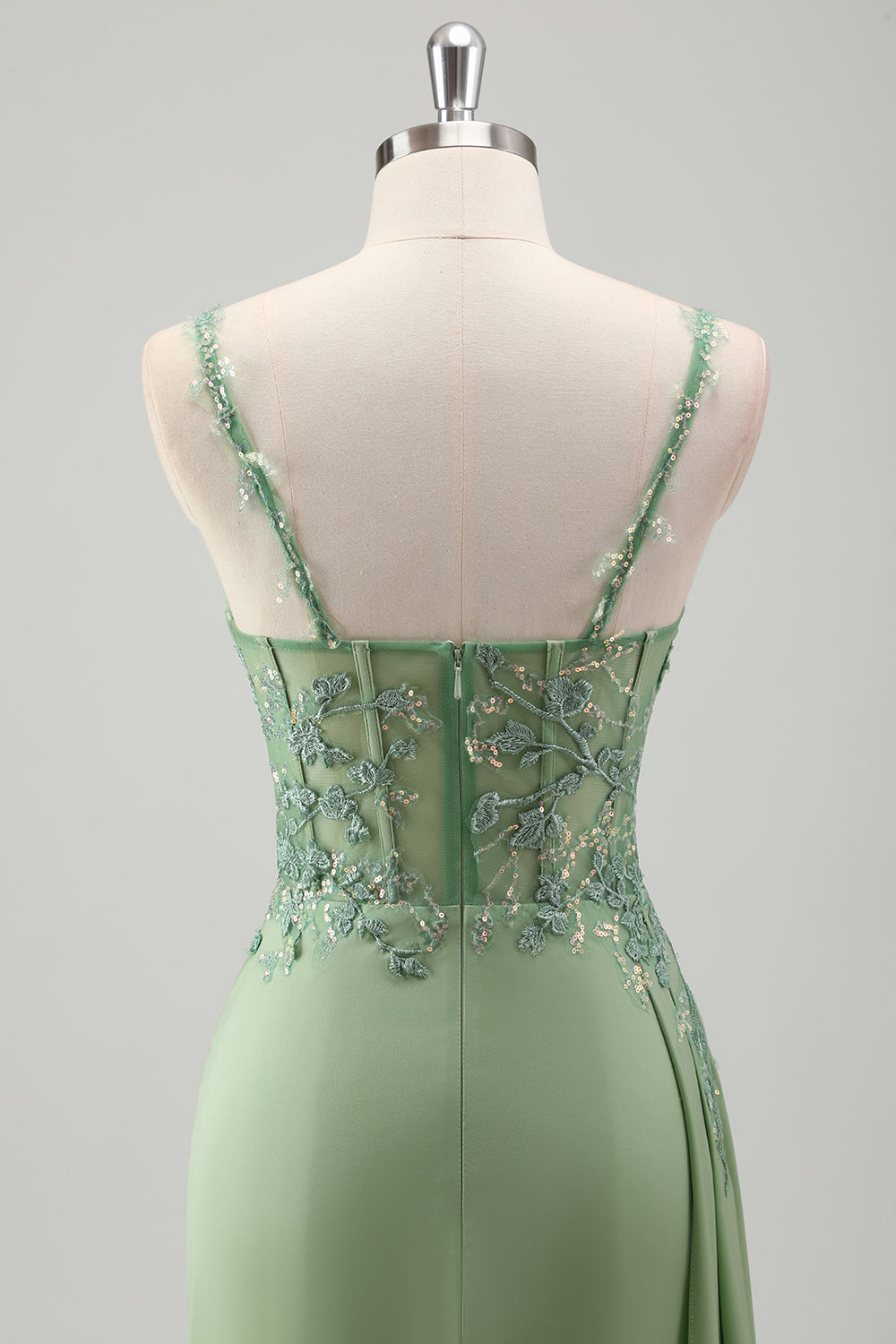 Sparkly Light Green Spaghetti Straps Lace Long Prom Dress with Slit