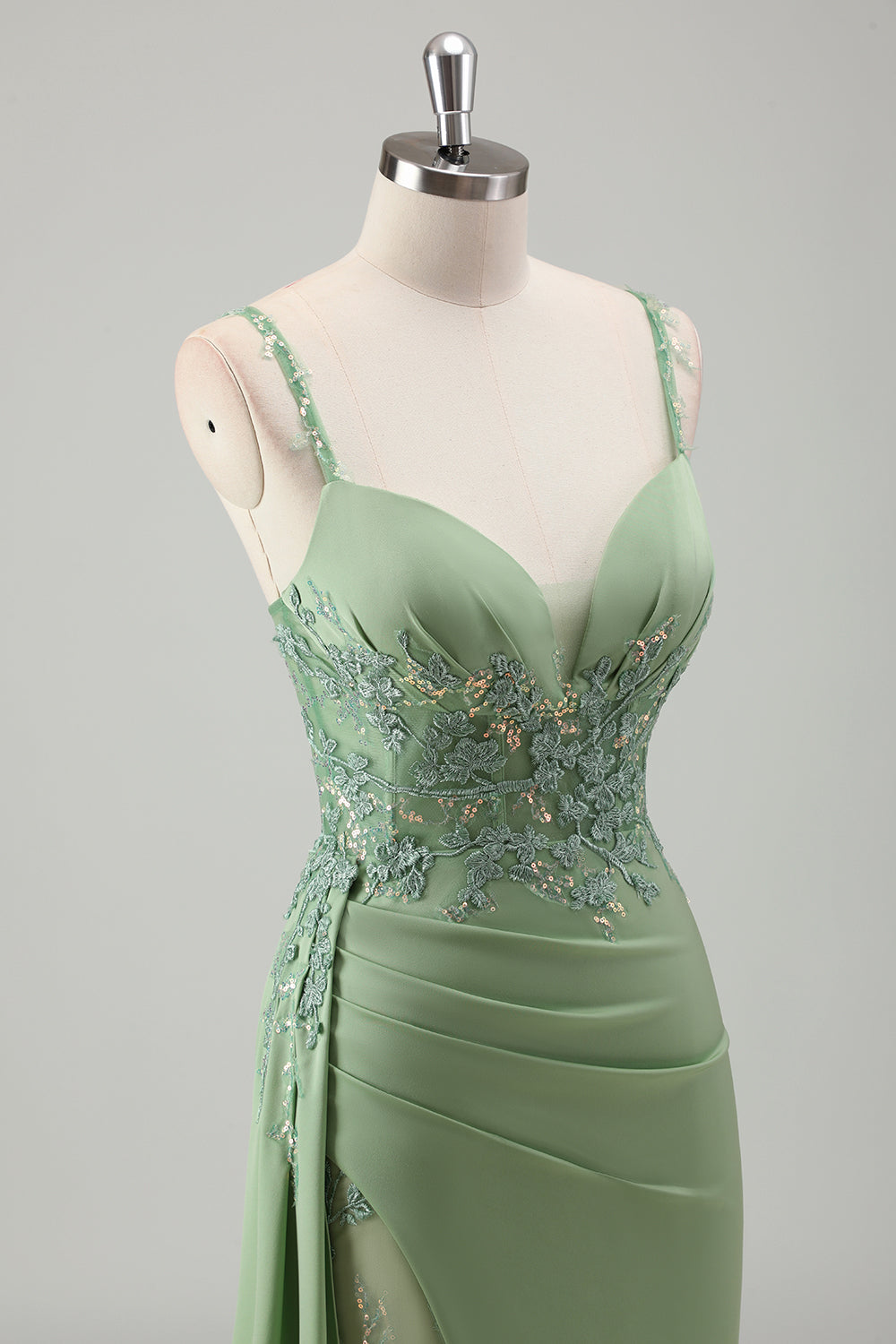 Sparkly Light Green Spaghetti Straps Lace Long Prom Dress with Slit