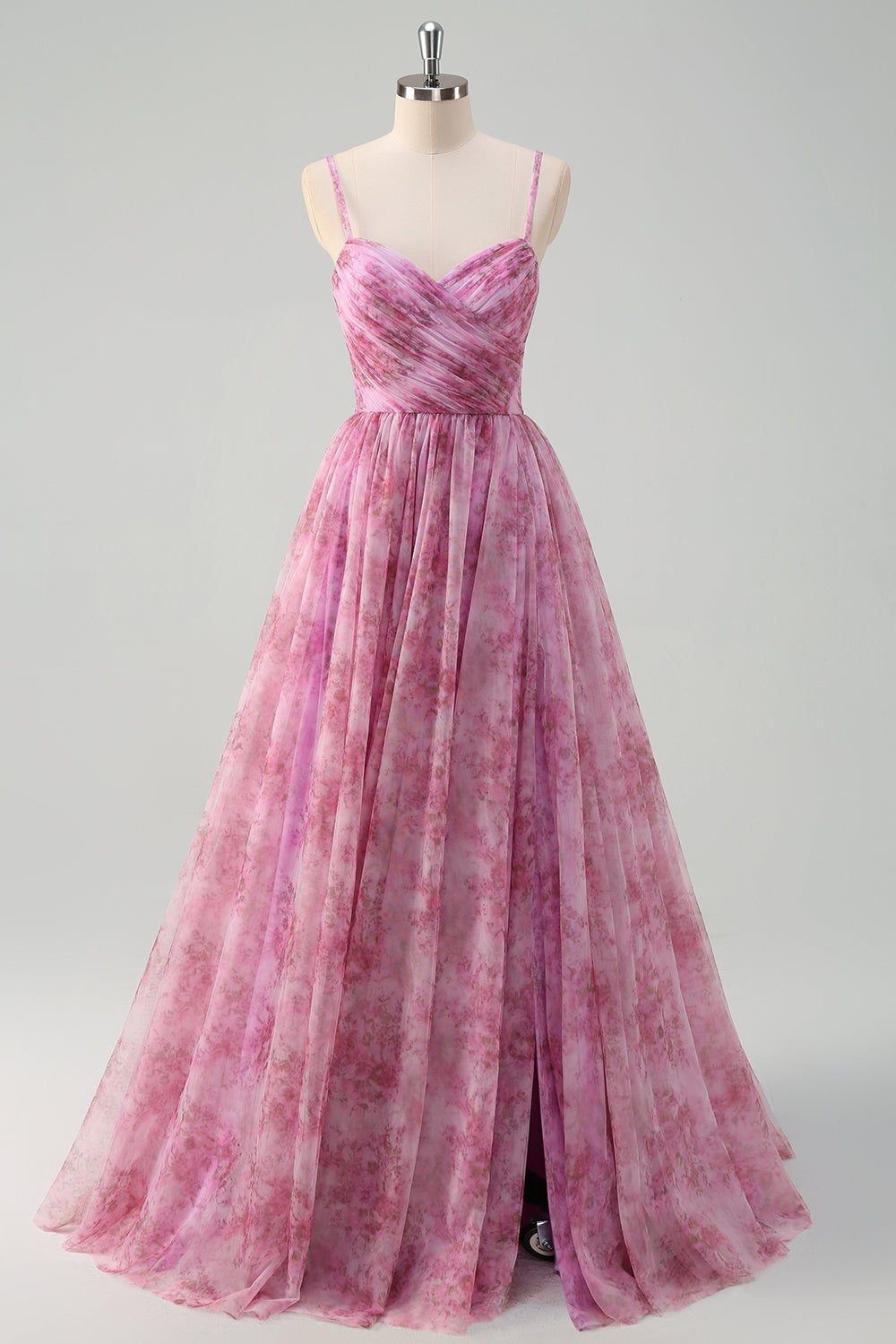 Pinkish Purple A-Line Spaghetti Straps Lace Up Back Long Prom Dress with Slit