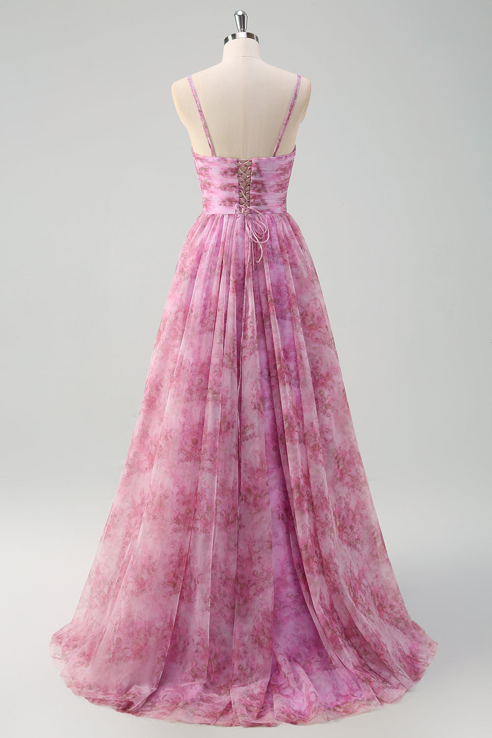 Pinkish Purple A-Line Spaghetti Straps Lace Up Back Long Prom Dress with Slit