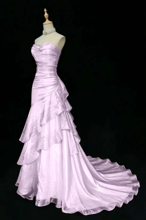 Stunning Beige Sleeveless Strapless Train Long Prom Dress with Ruffles