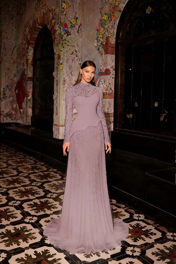 Stunning Ink Blue High Neck Long Sleeves Rhinestone Sweep Prom Dress