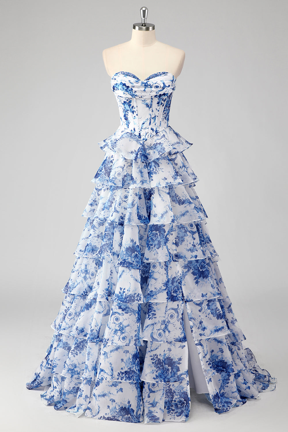 Blush Floral A-Line Tiered Sweetheart Long Prom Dress with Slit