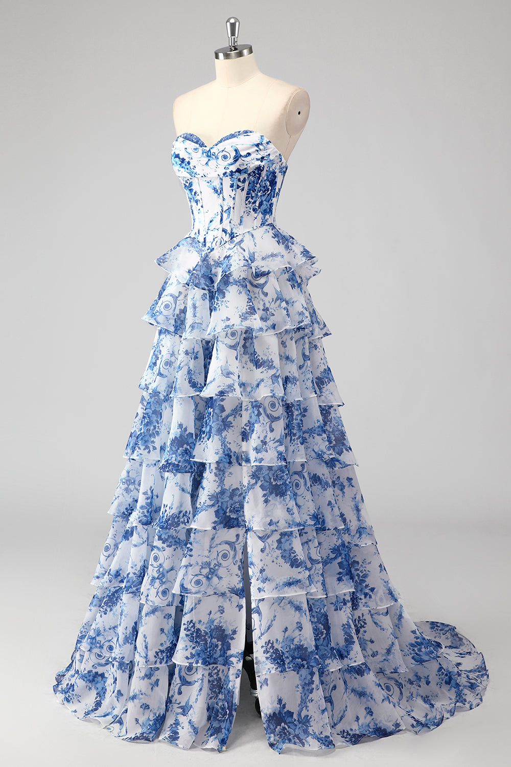 Blush Floral A-Line Tiered Sweetheart Long Prom Dress with Slit