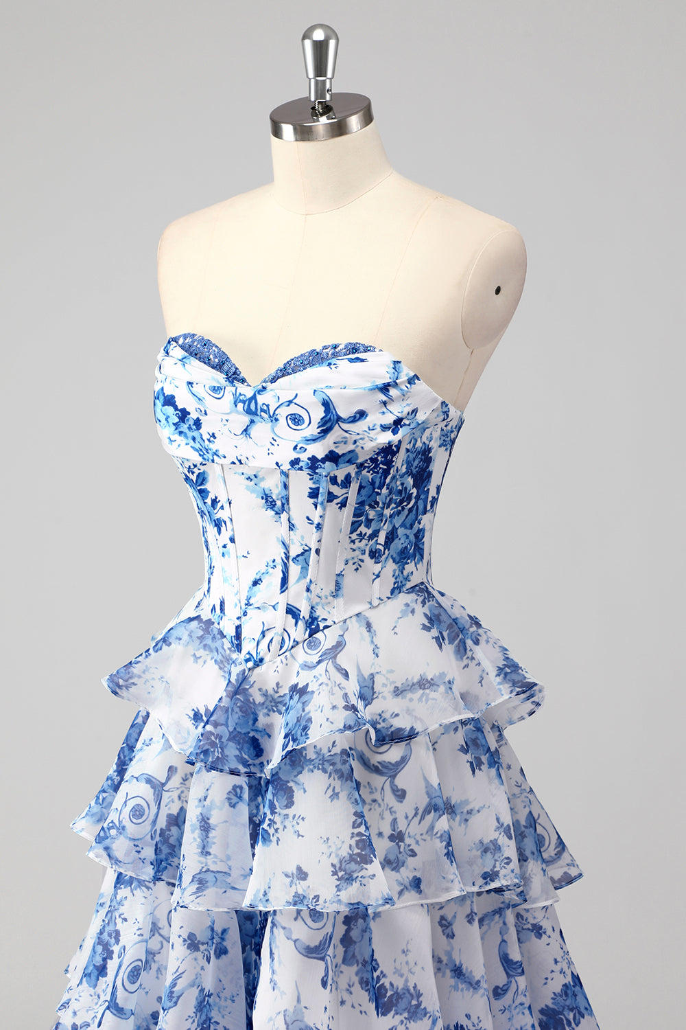 Blush Floral A-Line Tiered Sweetheart Long Prom Dress with Slit