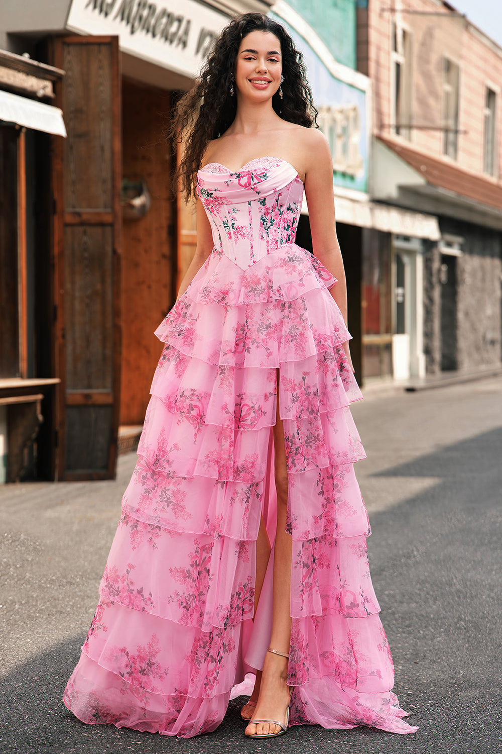 Blue White Flower A-Line Sweetheart Tiered Long Prom Dress with Slit