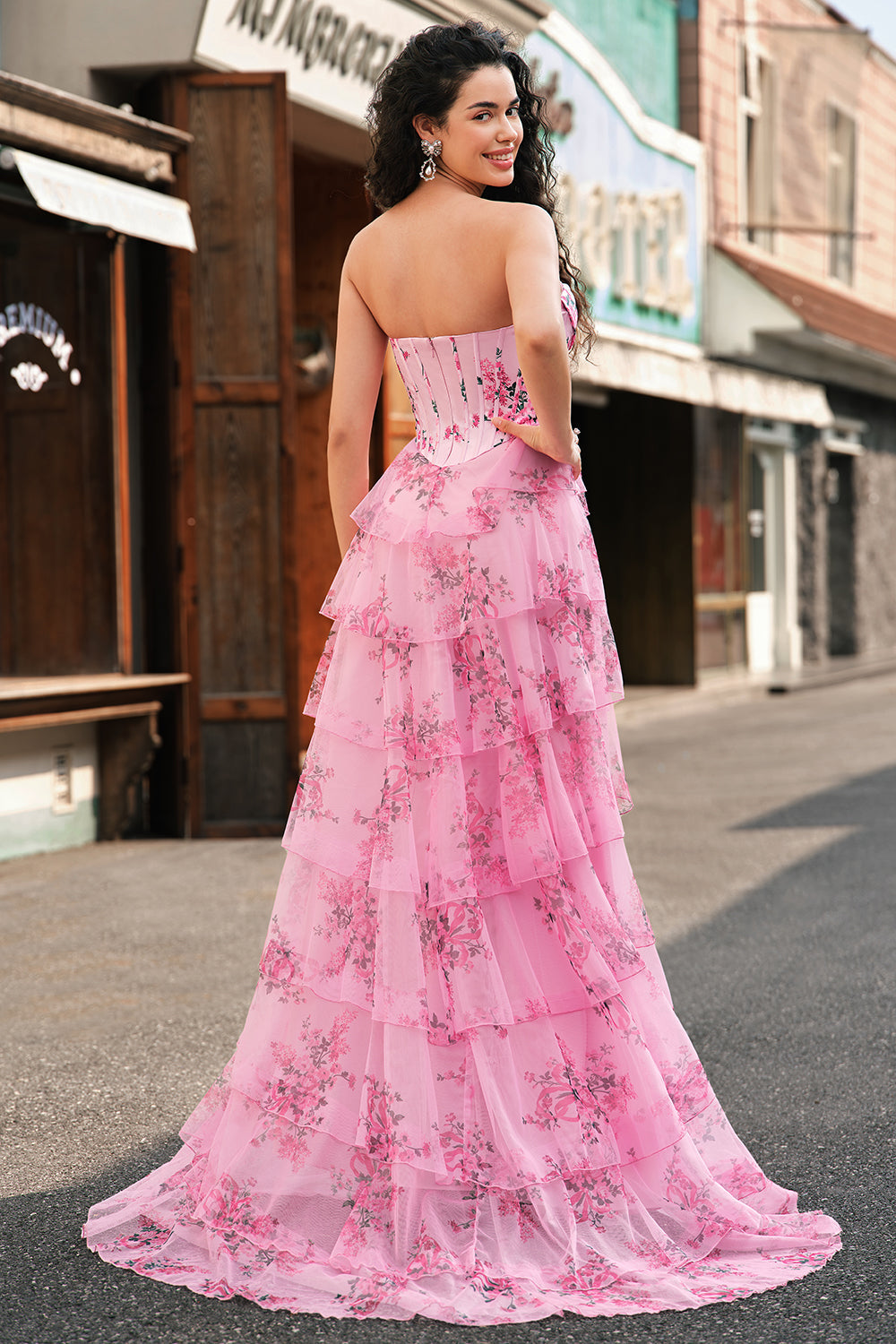Blue White Flower A-Line Sweetheart Tiered Long Prom Dress with Slit