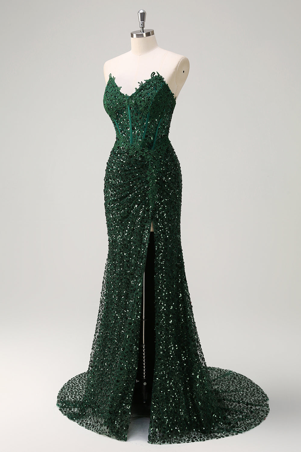 Dark Green Floral Sequined Mermaid Strapless Long Prom Dress with Slit