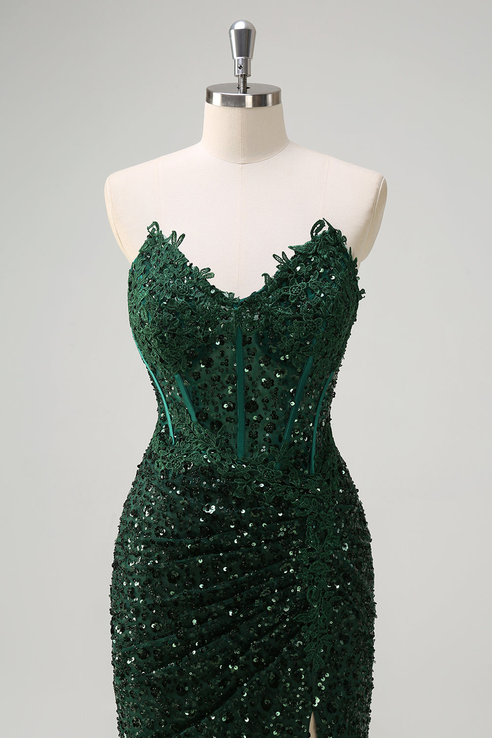 Dark Green Floral Sequined Mermaid Strapless Long Prom Dress with Slit