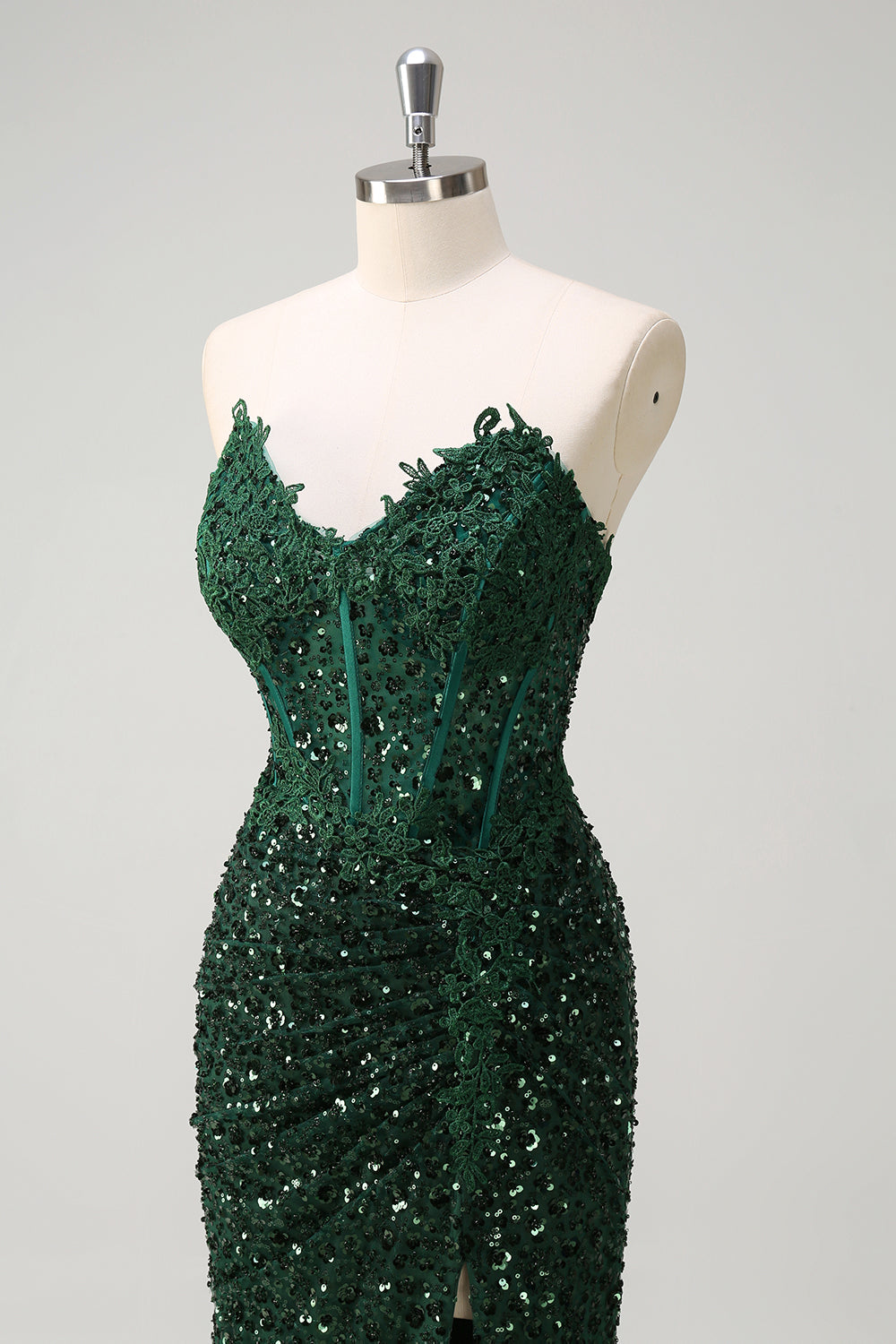 Dark Green Floral Sequined Mermaid Strapless Long Prom Dress with Slit