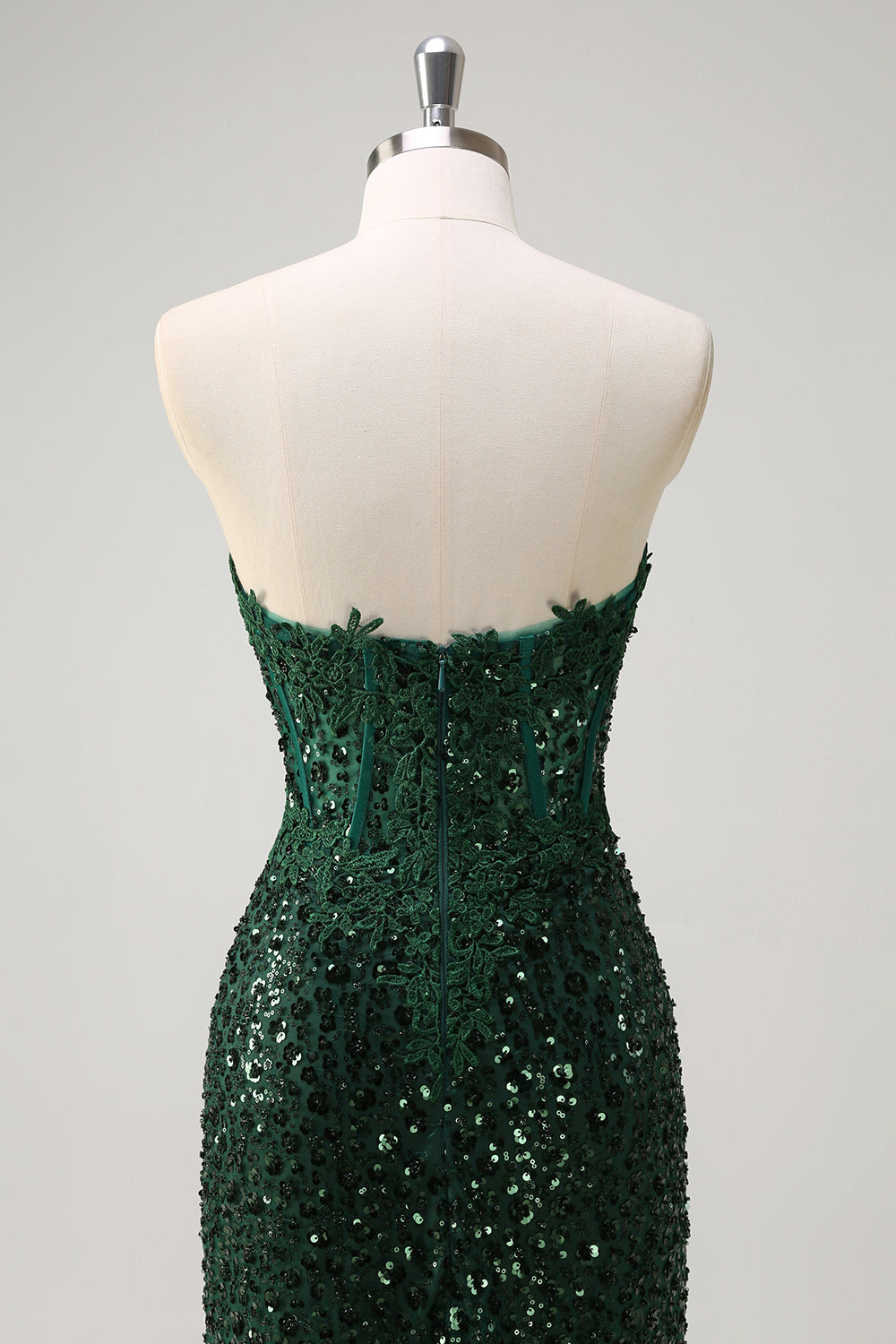 Dark Green Floral Sequined Mermaid Strapless Long Prom Dress with Slit