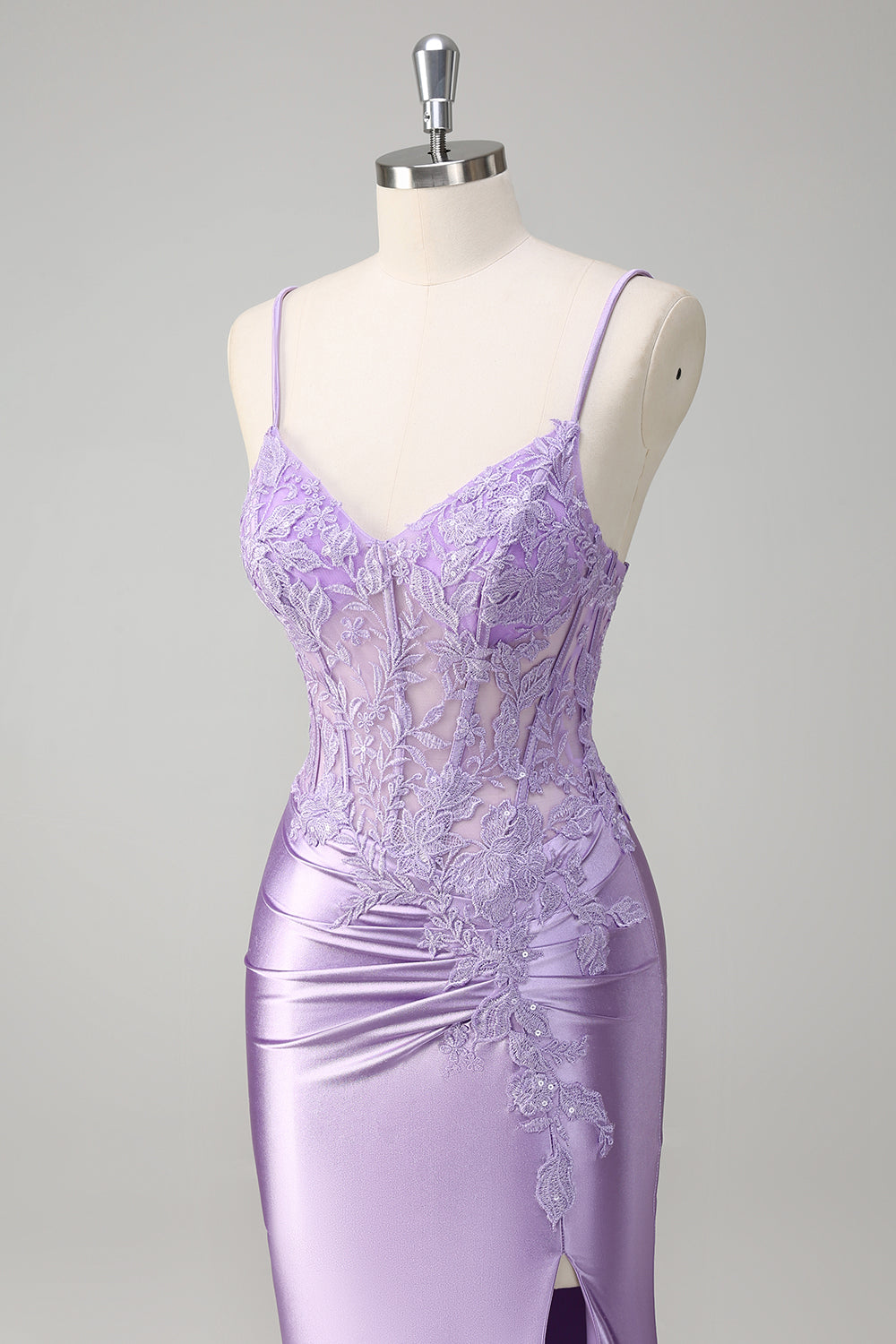 Lilac Floral Mermaid Corset Long Prom Dress with Slit