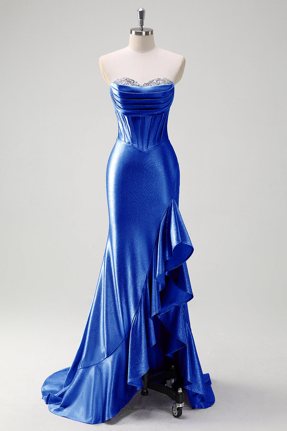 Sparkly Grey Blue Sweetheart Mermaid Long Prom Dress with Ruffles
