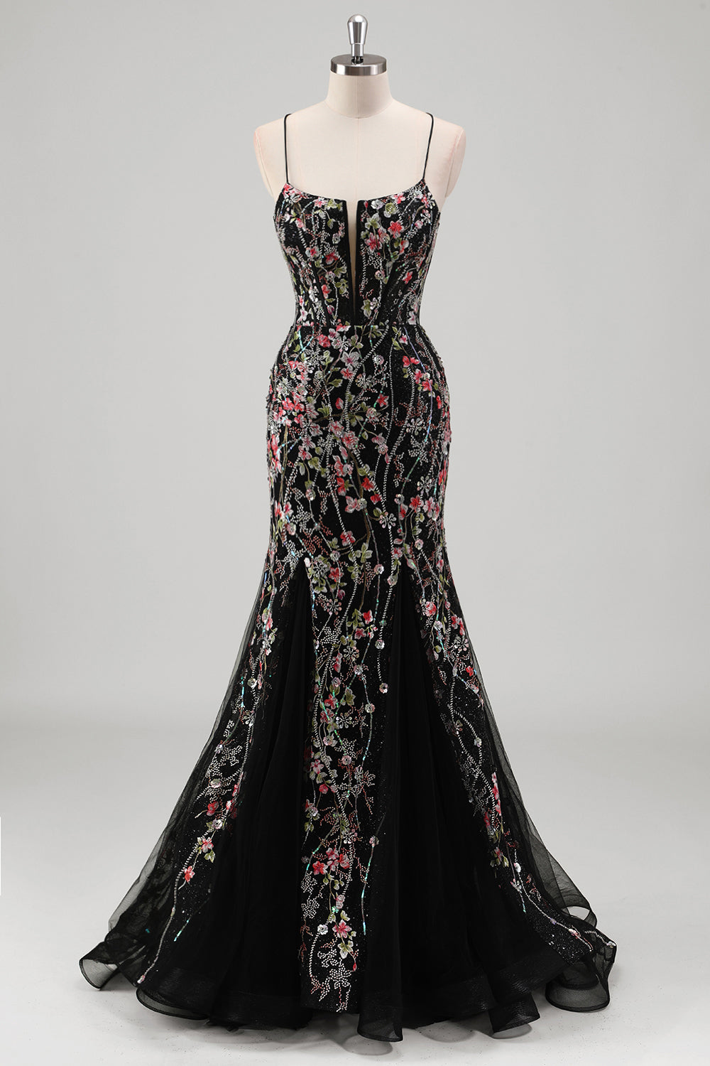Black Mermaid Spaghetti Straps Corset Long Prom Dress with Appliques
