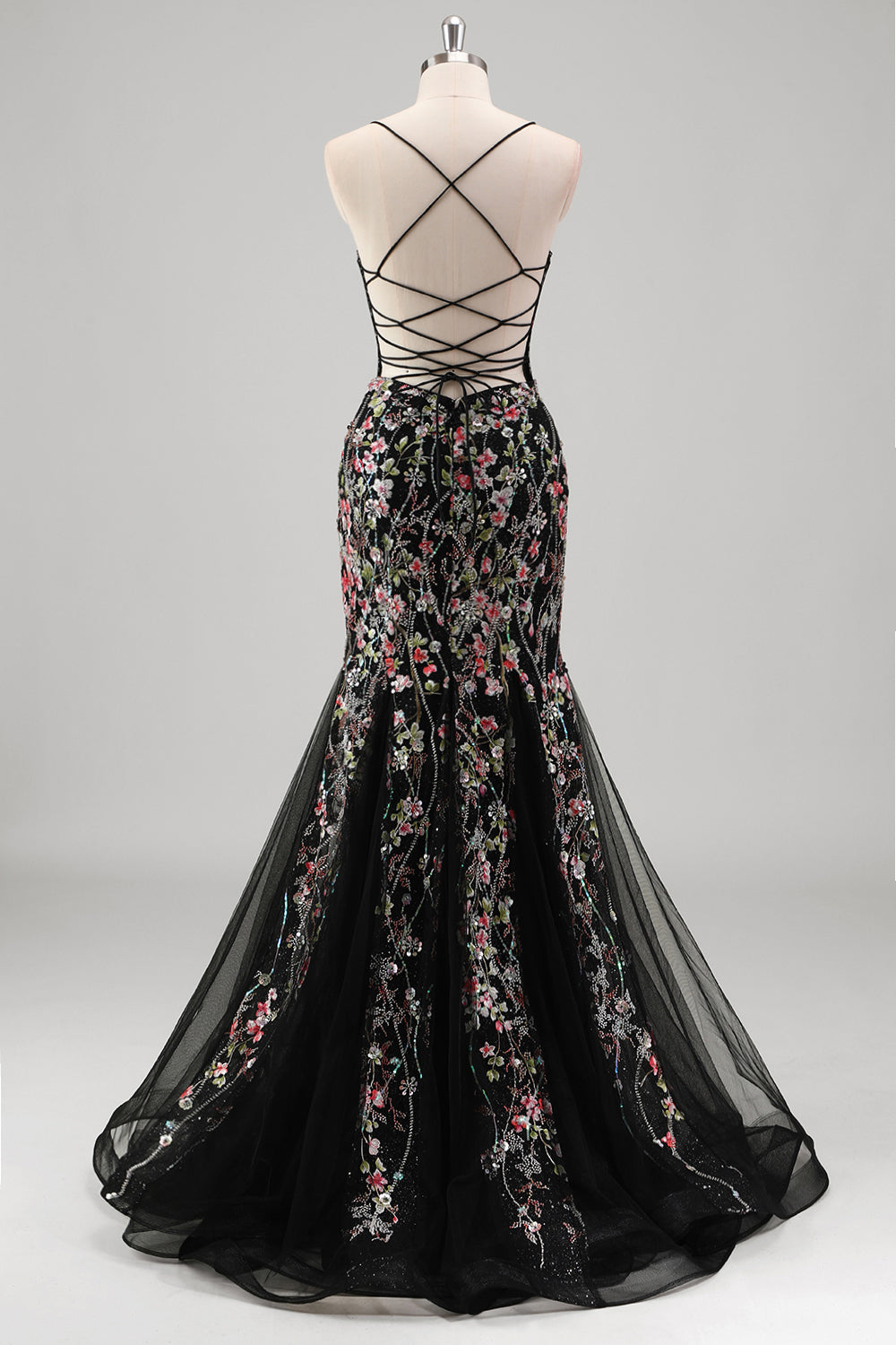 Black Mermaid Spaghetti Straps Corset Long Prom Dress with Appliques