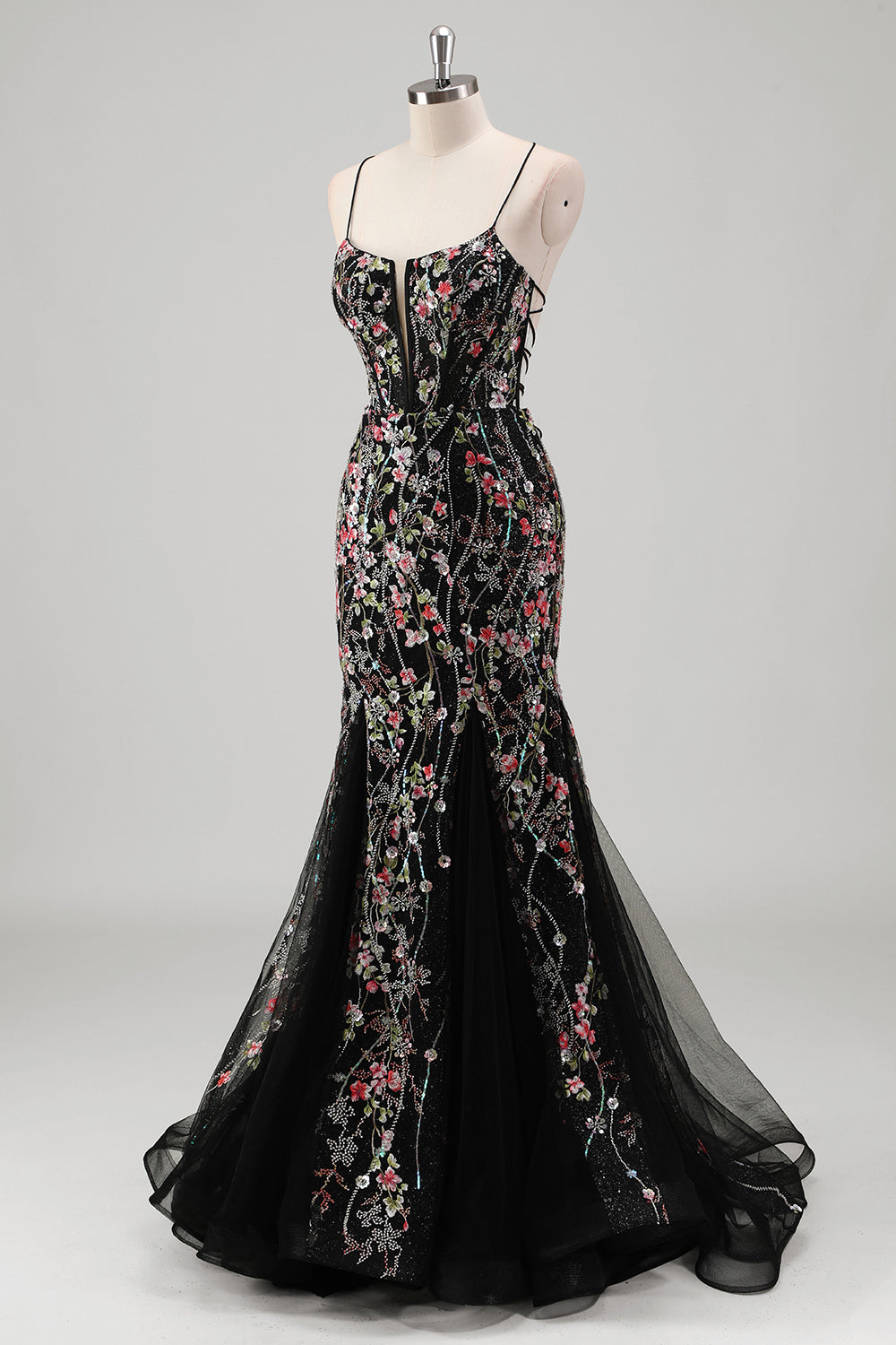 Black Mermaid Spaghetti Straps Corset Long Prom Dress with Appliques