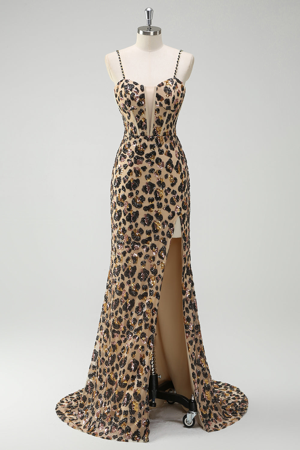 Sparkly Kahki Leopard Mermaid Sequins Long Corset Prom Dress with Slit