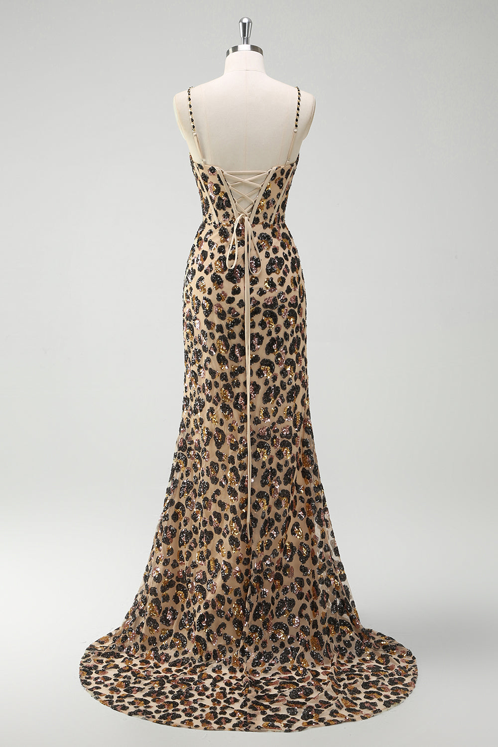 Sparkly Kahki Leopard Mermaid Sequins Long Corset Prom Dress with Slit