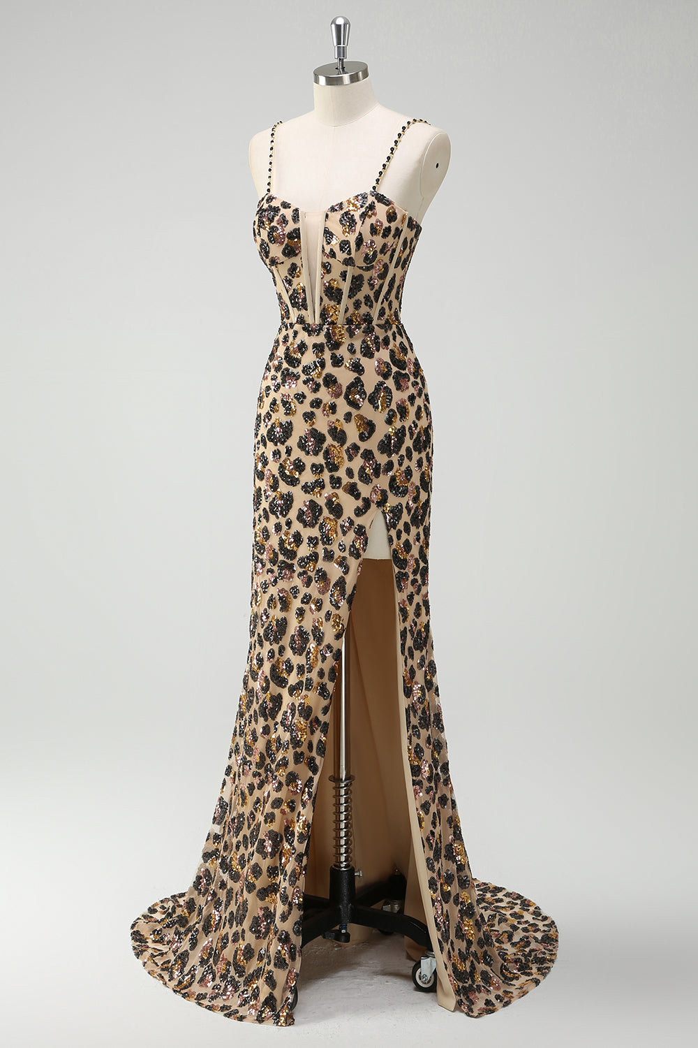 Sparkly Kahki Leopard Mermaid Sequins Long Corset Prom Dress with Slit