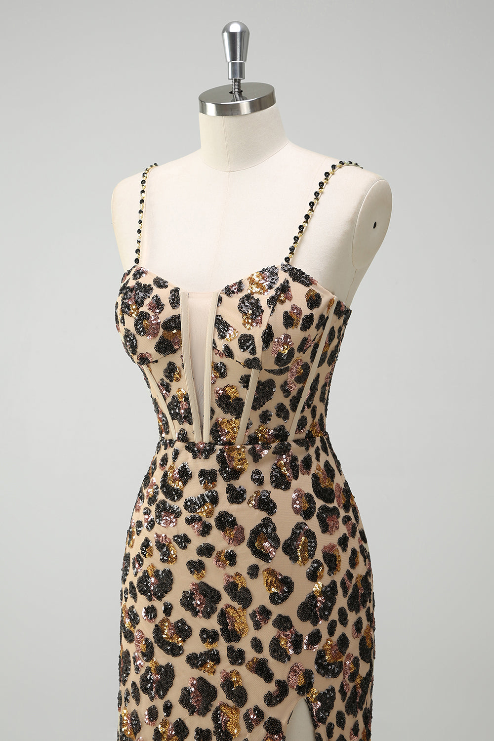 Sparkly Kahki Leopard Mermaid Sequins Long Corset Prom Dress with Slit