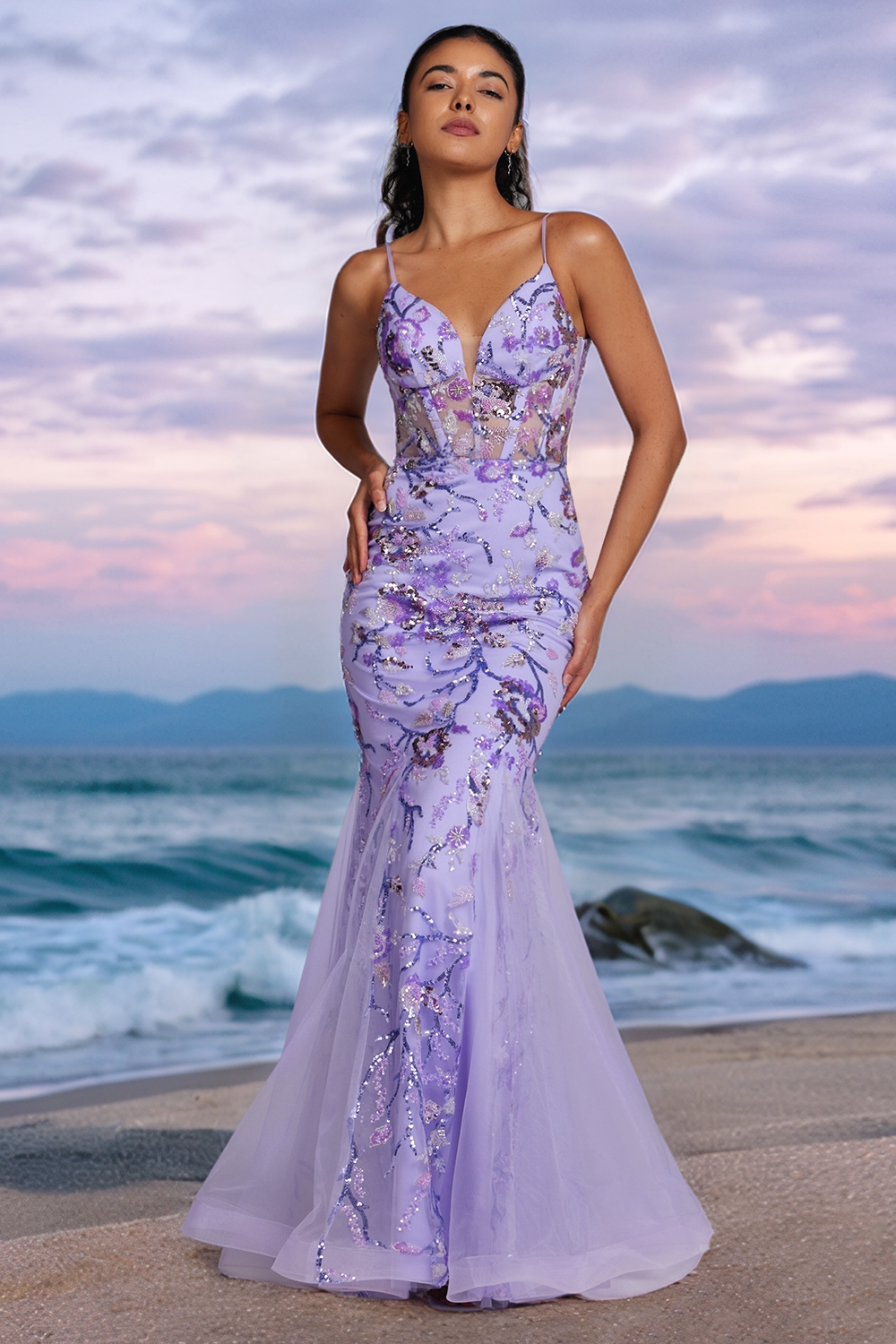 Sparkly Purple Mermaid Beaded Corset Long Prom Dress