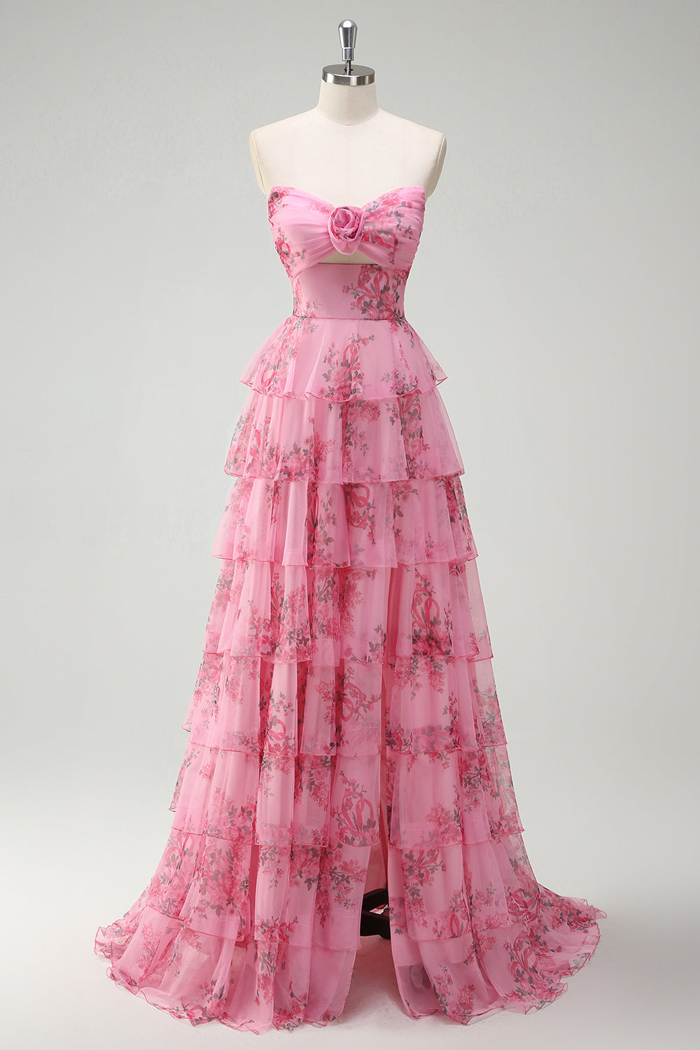 Blush Floral Chiffon A Line Prom Dress with Slit
