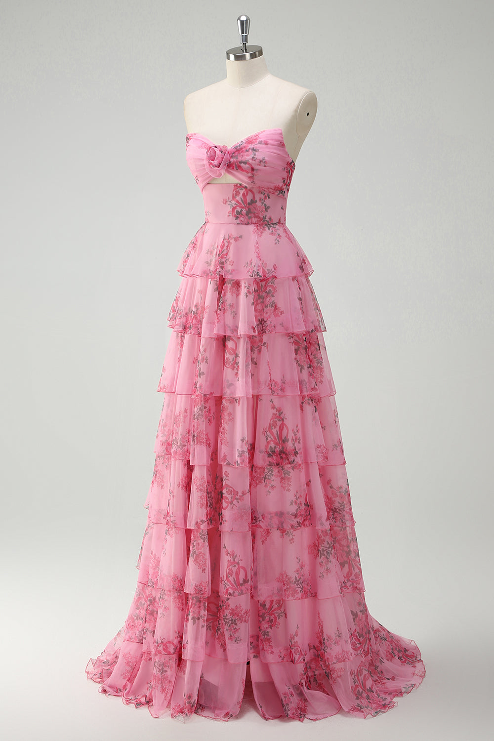 Blush Floral Chiffon A Line Prom Dress with Slit