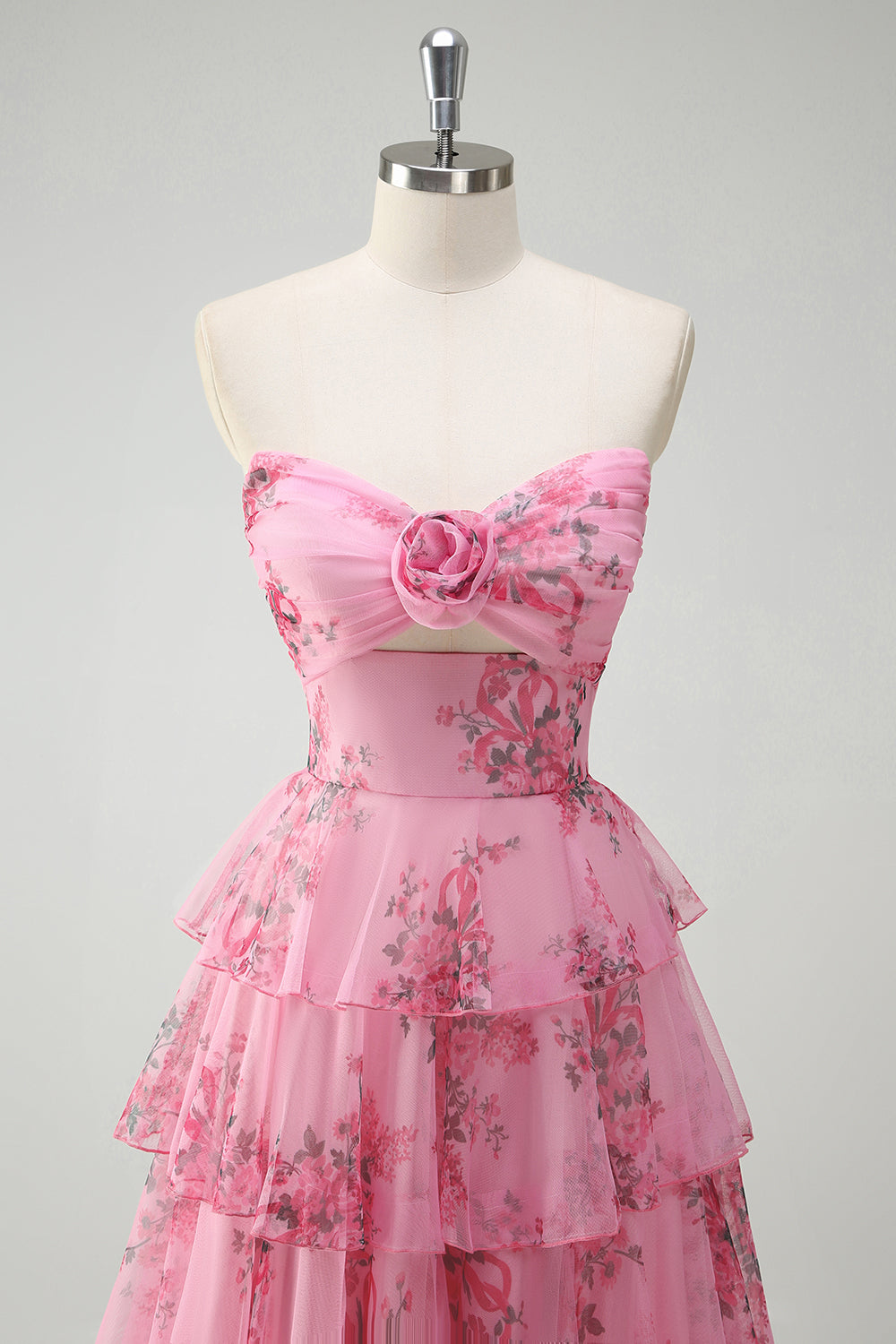 Blush Floral Chiffon A Line Prom Dress with Slit