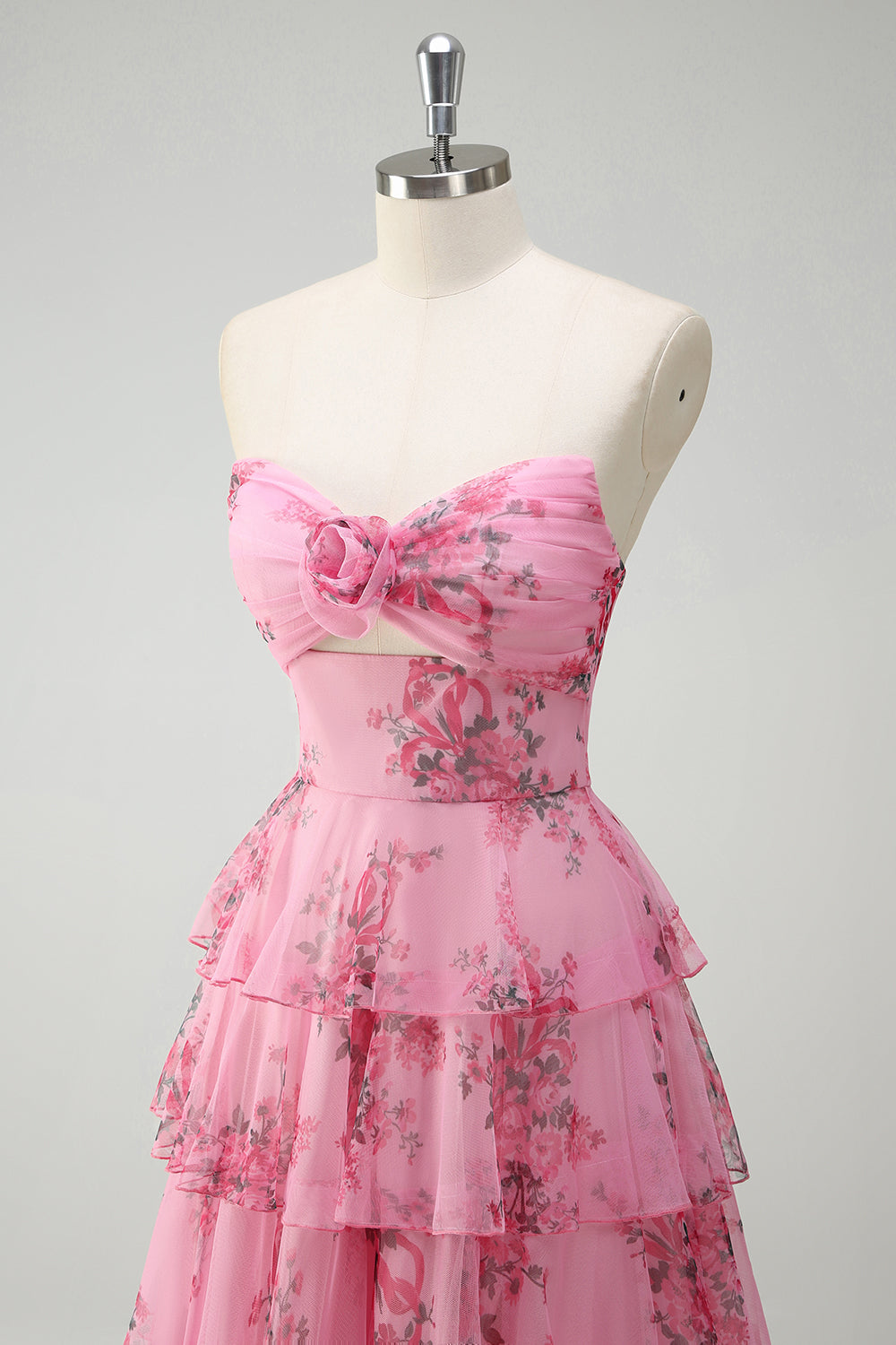 Blush Floral Chiffon A Line Prom Dress with Slit