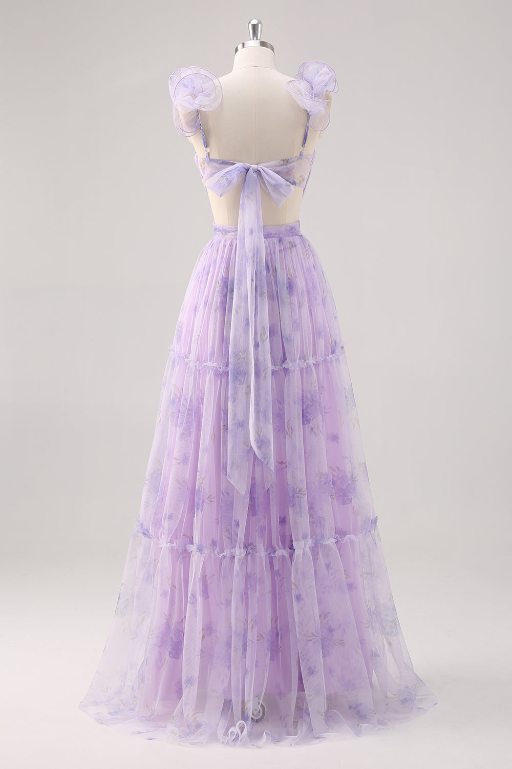 Lavender A Line V Neck Pleated Hollow Print Tulle Floral Dress with Lace Up Back