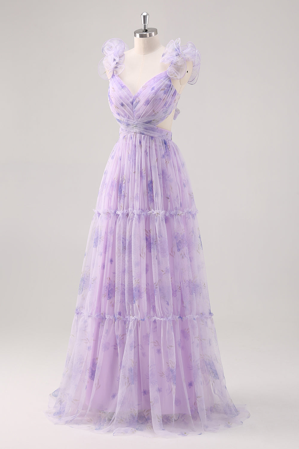 Lavender A Line V Neck Pleated Hollow Print Tulle Floral Dress with Lace Up Back