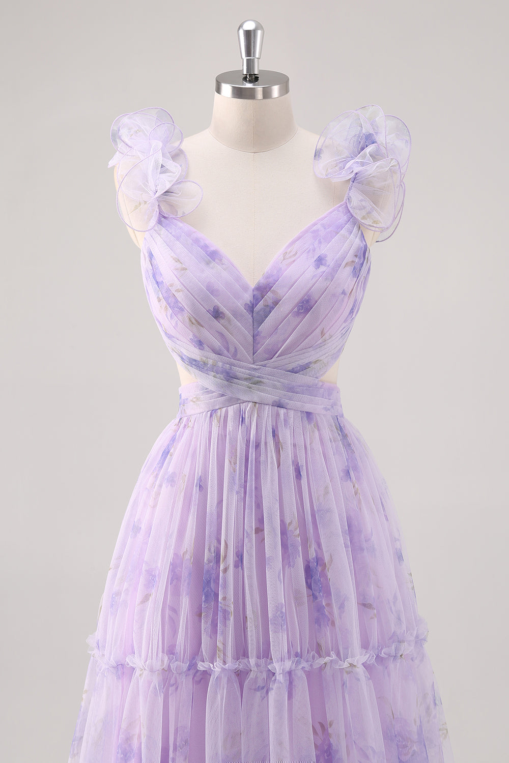 Lavender A Line V Neck Pleated Hollow Print Tulle Floral Dress with Lace Up Back