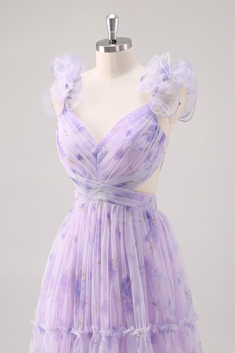 Lavender A Line V Neck Pleated Hollow Print Tulle Floral Dress with Lace Up Back