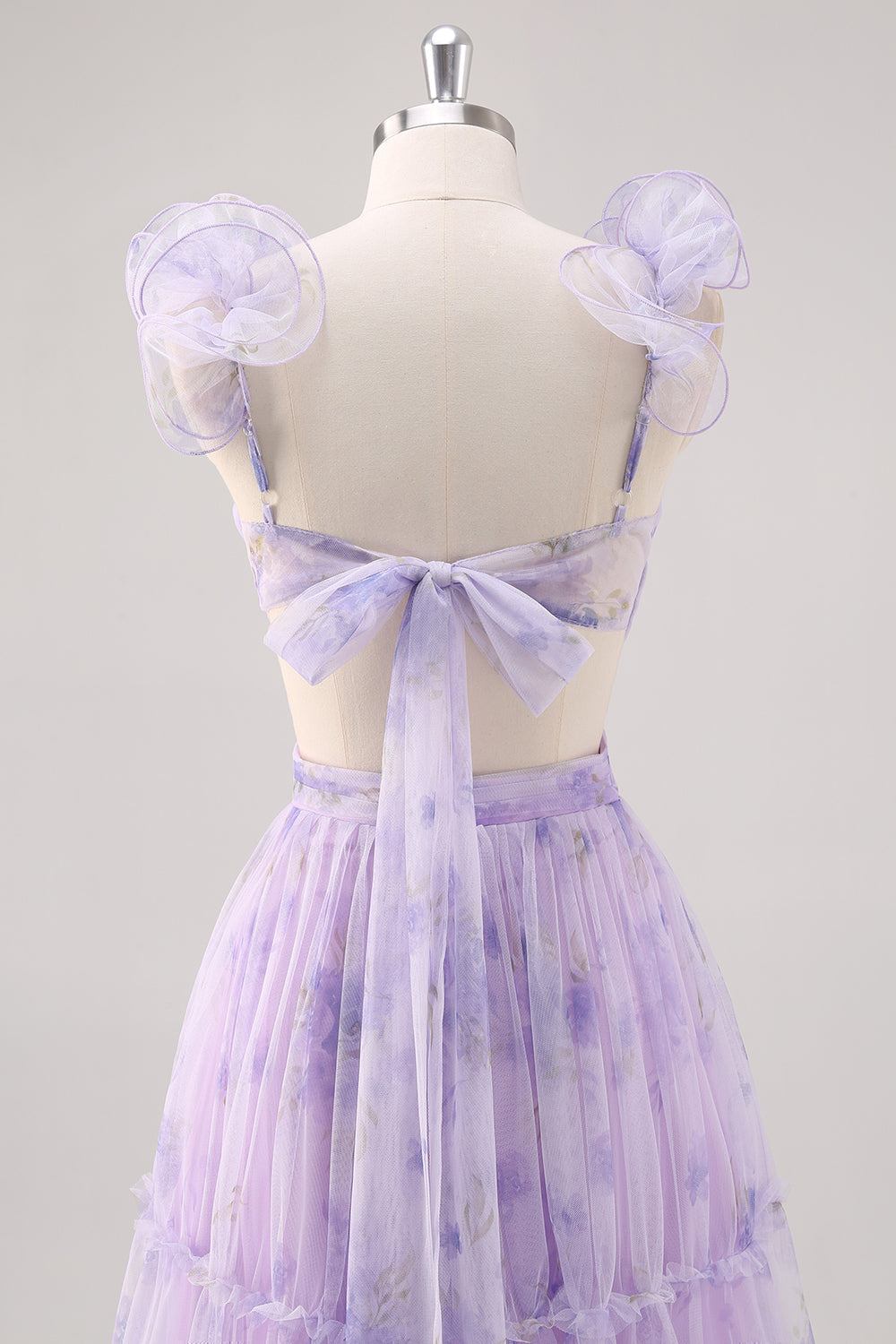 Lavender A Line V Neck Pleated Hollow Print Tulle Floral Dress with Lace Up Back