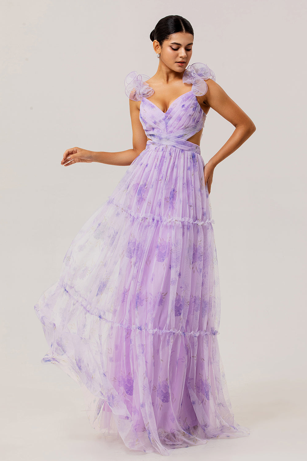 Lavender A Line V Neck Pleated Hollow Print Tulle Floral Dress with Lace Up Back
