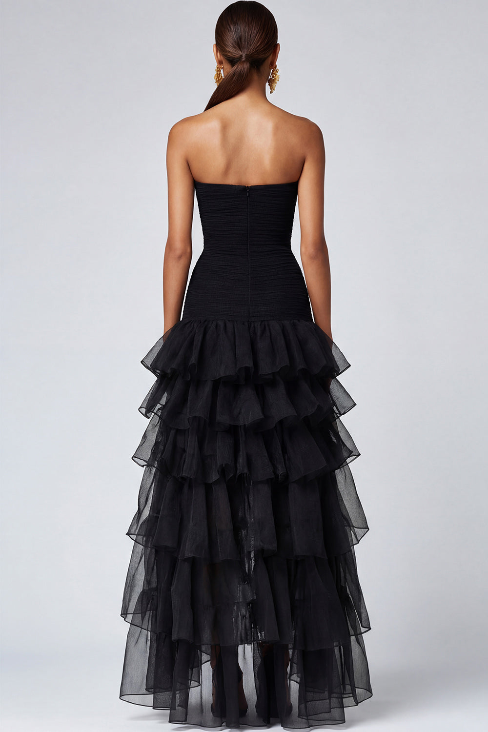 A Line Black Strapless Tiered Formal Dress with Slit