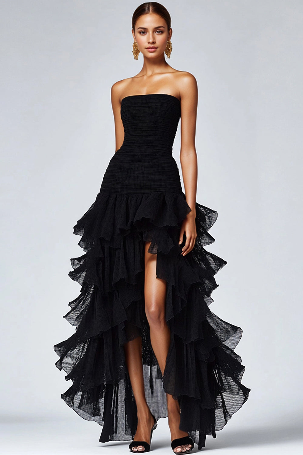 A Line Black Strapless Tiered Formal Dress with Slit