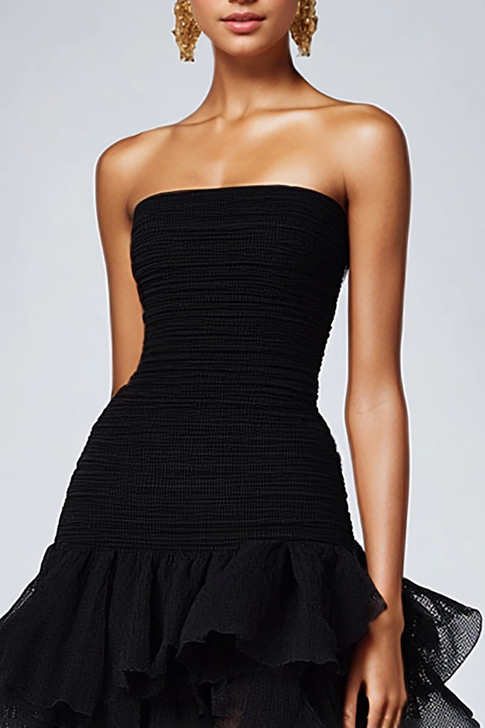 A Line Black Strapless Tiered Formal Dress with Slit