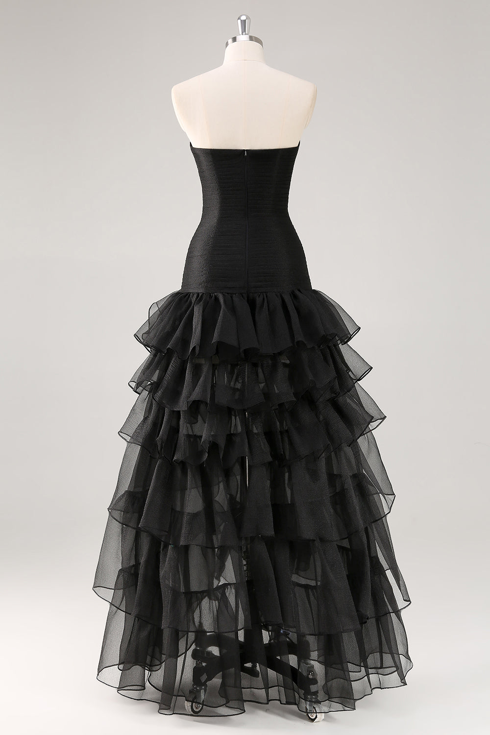 A Line Black Strapless Tiered Formal Dress with Slit