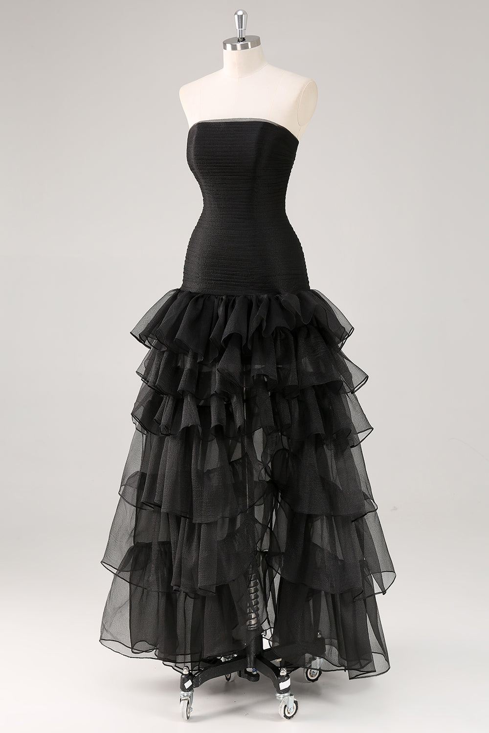 A Line Black Strapless Tiered Formal Dress with Slit