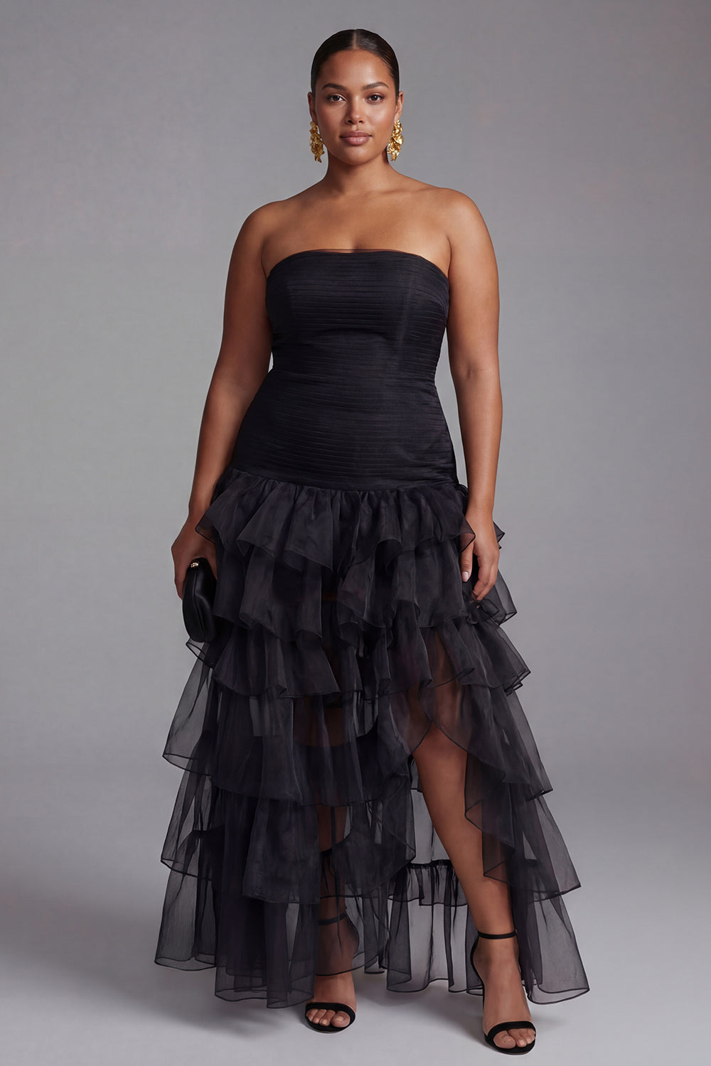 A Line Black Strapless Tiered Formal Dress with Slit