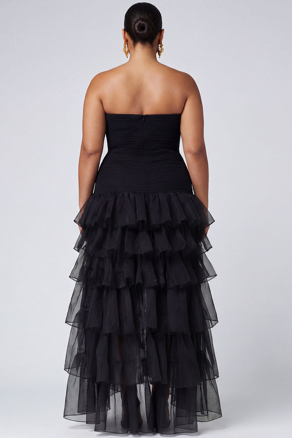 A Line Black Strapless Tiered Formal Dress with Slit