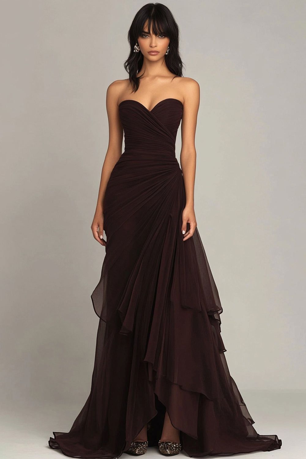 Dark Brown Sweetheart Ruched Long Formal Dress with Ruffles
