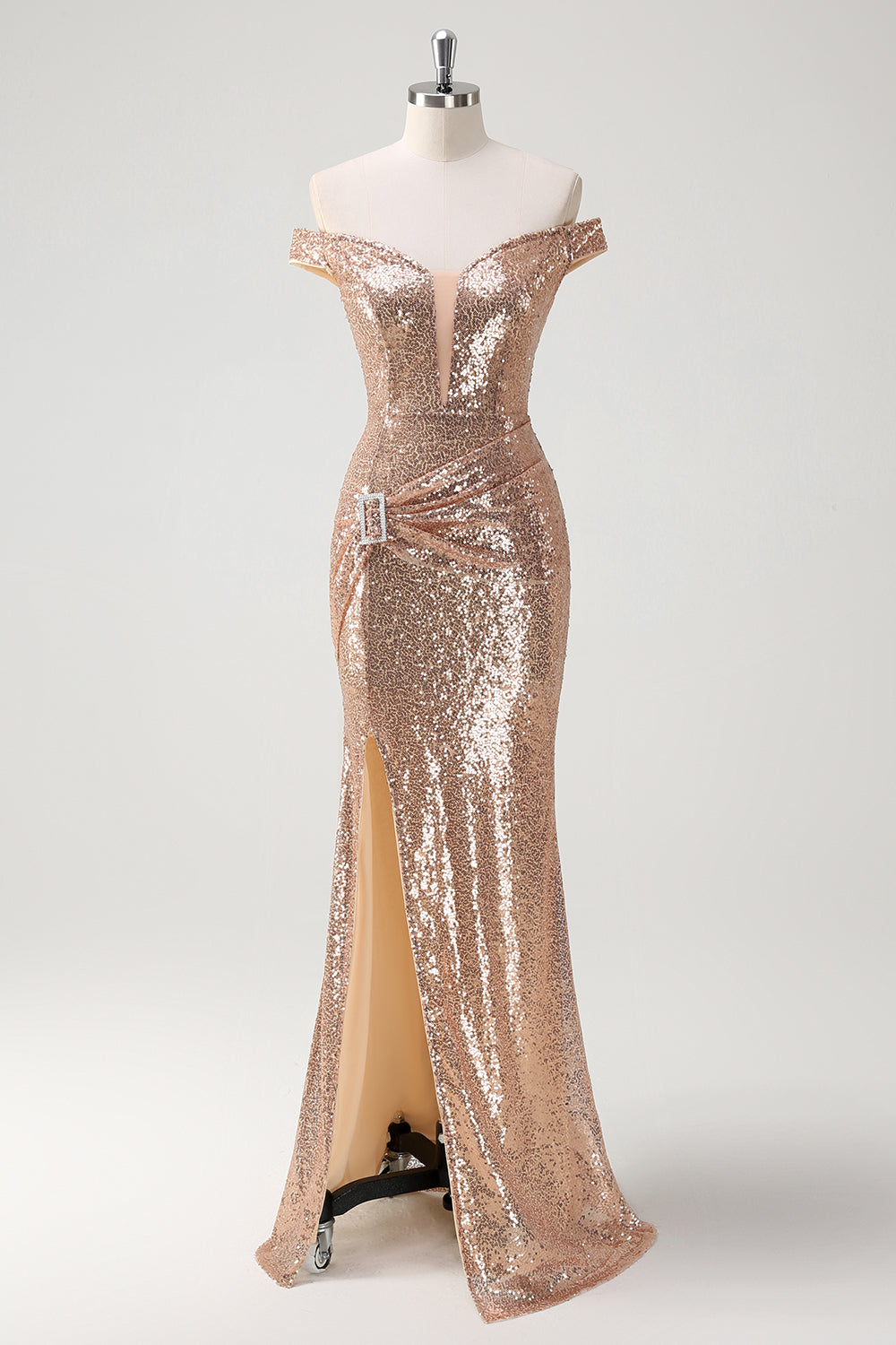 Sparkly Off the Shoulder Champagne Mermaid Prom Dress with Slit